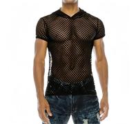 Men's Fishnet Hooded Vest Black See Through Short Sleeve Sheer Mesh T-Shirt