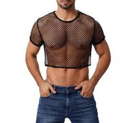Men's Fishnet Shirts Sheer Short Sleeve Crop Top Mesh Tank Tops Rave Going Out Dance Tops, Black, XXL