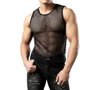Men's Fishnet Vest Fitted Mesh Tank Top See Through Sleeveless Muscle Undershirt Hollow Out Top Black Sexy Vest Sheer Workout Tee Shirt Clubwear (UK, Alpha, M, Regular, Regular, Black(Big net))