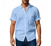 Men's Fitted Cotton Linen Shirts Casual Short Sleeve Button Up Shirts with Front Pocket Lightweight Crew Neck Blouses Tshirts Regular Fit Beach Tops Breathable Grandad Shirt(Light Blue, XL)