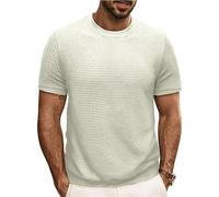 Men's Fitted T-Shirts Short Sleeve Knit Round Neck Shirts Casual Stylish Textured Crewneck Solid Color Sweater Vintage Summer Knitted Pullover Tee Tops White Medium