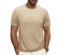 Men's Fitted T-Shirts Short Sleeve Knit Round Neck Shirts Casual Stylish Textured Crewneck Solid Color Sweater Vintage Summer Knitted Pullover Tee Tops Beige Medium