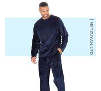 Mens Flannel Fleece Lounge Set Solid Black Warm Pyjama Set Full Length Top and Bottoms Twoise Navy XL