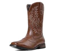 Men's Flat Heel Western Cowboy Boots Pull on Mid-Calf Boots with Embroidery Stitched Round Toe PU Leather Long Boot,Brown,10 UK