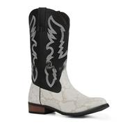 Men's Flat Heel Western Cowboy Boots Pull on Mid-Calf Boots with Embroidery Stitched Round Toe PU Leather Long Boot,White,5.5 UK