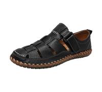 Mens Flat Wide Fit Sandals Leather Hollow Shoes Adjusted Strap Closed Toe Sliders Orthopedic ArchSupport Breathable Lightweight Casual Walking Outdoor Beach Sandals (Black, 5)
