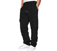 Mens Fleece Cargo Combat Work Jogging Tracksuit Bottoms Multi Pocket Outdoor Sport Casual Gym Running Sweatpants Elasticated Waist Drawstring Open Hem Stadium Pants Workout Athletic Track Pants Black