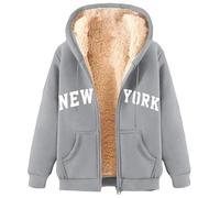 Mens Fleece Jackets UK Slae Zip Up Jacket Coat Hooded Winter Warm Sherpa Lined Jackets Sweatshirts Windproof Thick Outerwear with Pockets New York Printed Long Sleeve Tops Thick Coats Outerwear Gray