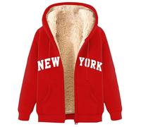 Mens Fleece Jackets Zip Up Jacket Coat Hooded Winter Warm Sherpa Lined Jackets Sweatshirts Windproof Thick Outerwear with Pockets New York Printed Long Sleeve Tops Thick Coat Outerwear Red