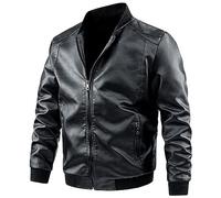 Mens Fleece Lined Bomber Faux Leather Jacket Winter Vintage Motorcycle PU Biker Jackets Stand Collar Leather Coat Outwear (Black,M)