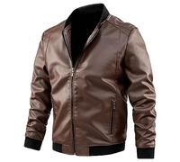 Mens Fleece Lined Bomber Faux Leather Jacket Winter Vintage Motorcycle PU Biker Jackets Stand Collar Leather Coat Outwear (Dark Brown,L)