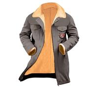 Mens Fleece Lined Jackets Mens Trench Coats 3/4 Length Solid Color Thickened Overcoat Long Sleeve Winter Coat Oversized Lapel Collar Peacoat Loose Fit Thermal Jacket With Pockets Grey