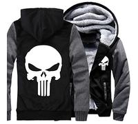 Men's Fleece Lined Jackets Tops Punisher Skull Zip Up Hoodie Outdoor Warm Hooded Winter Coat Thick Cardigan Sweatshirt for Hiking Jogger Climbing,Black-Aldult 3XL