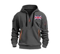 Men's Fleece-Lined UK England Flag Zipper Hooded Hoodie Dark Gray