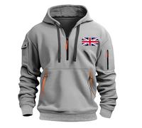 Men's Fleece-Lined UK England Flag Zipper Hooded Hoodie Grey