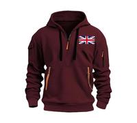 Men's Fleece-Lined UK England Flag Zipper Hooded Hoodie Hood Sweatshirts Sweater - Thick Winter Pullover with Pocket & Drawstring, Printed Casual Loose Fit (M-XXXL) Wine
