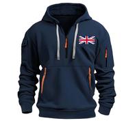 Men's Fleece-Lined UK England Flag Zipper Hooded Hoodie Hood Sweatshirts Sweater - Thick Winter Pullover with Pocket & Drawstring, Printed Casual Loose Fit (M-XXXL) Navy