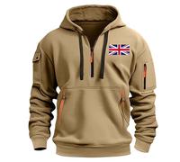Men's Fleece-Lined UK England Flag Zipper Hooded Hoodie Hood Sweatshirts Sweater - Thick Winter Pullover with Pocket & Drawstring, Printed Casual Loose Fit (M-XXXL) Khaki