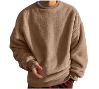 Mens Fleece Pullover Long Sleeve Sweatshirts Crew Neck Jumper Plush Sweater Plain Casual Sweatshirt Soft Classic Jumpers Thermal Winter Warm Pullovers Solid Color Tops Soft Touch Loungewear Khaki