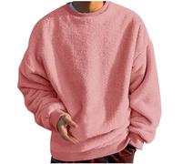 Mens Fleece Pullover Long Sleeve Sweatshirts Crew Neck Jumper Plush Sweater Plain Casual Sweatshirt Soft Classic Jumpers Thermal Winter Warm Pullovers Solid Color Tops Soft Touch Loungewear Pink