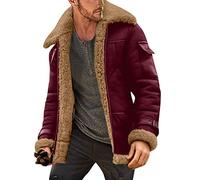 Mens Fleece Sherpa Lined Trucker Jackets Zip Up Lamb Velvet Suede Faux Leather Bomber Jackets Warm Shearling Coats(Red,Large)