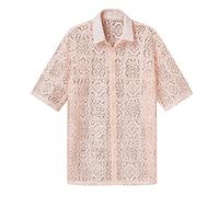 Men's Floral Lace Shirt Lace Button Down Short Sleeve Mesh Shirt Men's Mesh Shirt Undershirt Sexy Perspective Summer Shirt Muscle T-Shirts Clubwear, pink, M