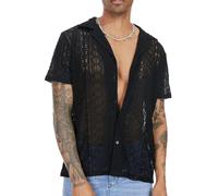 Mens Floral Lace Shirt, Short Sleeve Hollow Out Sheer See Through T-shirt, Cuban Collar Button Down Lounge Wear Beach Shirts, Quick Dry Solid Casual Tank Top for Workout Gym Party Club Rave Disco
