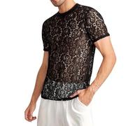 Men's Floral T-Shirt Round Neck Short Sleeve See Through Lace Sheer Shirt | Hollow Out Casual Mesh Blouse Top, Breathable Solid Lounge Wear Beach Undershirts for Workout Gym Party Club Rave Disco