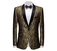 Men's Floral Tuxedo Jacket Embroidered Wedding Blazer Party Blazer One Button Stylish Jacquard Dinner Suit Jacket (Golden,S)