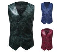 Mens FLoral Wedding Vest Classic Mens Suit Vest Printed Blue/Red Dance Party Dress Sleeveless, Green, XL