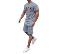 Men's Flower Shirt Hawaiian Sets Casual Button Down Short Sleeve Shirts and Solid Quick Dry Beach Shorts Set Active Wear Outfits Luxury Embroidered Suit (Grey,M)