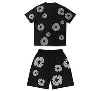 Mens Flower Shorts and T Shirt Sets Tracksuits 2 Piece Outfits Short Sleeve Crew Neck Sweatshirt and Joggers Print Tops Bottoms Unisex Casual Sport Activewear Suit (1-Sets-Black, M)
