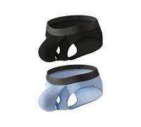 Men's Fly Pouch Boxers Briefs Breathable Ball Bulge Separated Trunks Underwear Sexy Front Open Thongs Panties (Black Blue,M)