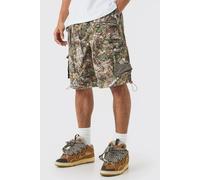 Men's Forest Camo Elasticated Waist Parachute Cargo Shorts | Khaki | Size Large | BOOHOOMAN
