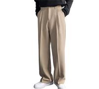 Mens Formal Elasticated Work Trousers - Flat-Front Chino Golf Trousers - Stretch Smart Casual Business Office Work Commute Pants - Loose Fit Straight Leg Open Hem Chiffon Suit Pants - Khaki