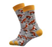Men's Fox Print Crew Socks, Grey and Yellow, UK Size 8-11, Novelty Animal Pattern