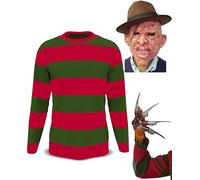 Mens Freddy Krueger Halloween Cosplay Costume - Freddy Burnt Mask + Claw Glove + Striped Jumper - Horror Movie Character Scary Nightmare On ELM Street Fancy Dress Up (XXL)