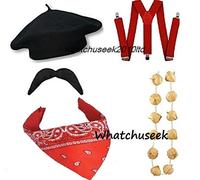 Mens French Man Fancy Dress Waiter Bastille Costume Beret Hat Onion Necklace Set