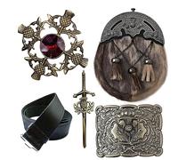 Men's Full Dress Sporran 5 Pieces Set, Scottish Kilt Sporran Kilt Belt Buckle Thistle Antique - Scottish Pin & Brooches (Large, RED STONE)