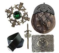 Men's Full Dress Sporran 5 Pieces Set, Scottish Kilt Sporran Kilt Belt Buckle Thistle Antique - Scottish Pin & Brooches (Medium, GREEN STONE)