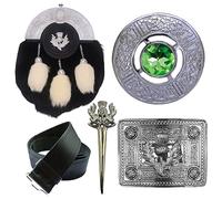 Men's Full Dress Sporran 5 Pieces Set, Scottish Kilt Sporran Kilt Belt Buckle Thistle Chrome- Scottish Pin & Brooches (L, Irish Green Stone)