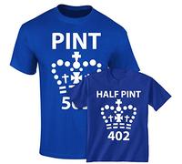 Mens Full Pint Kids Half Pint Father and Son Or Daughter Funny Slogan 2 T-Shirt Double Pack Colour Royal Blue (Mens Size XXL with Kids Size Age 12-13)