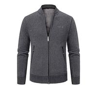 Mens Full Zip Cardigan Plain Fleece Lined Jumper Full Zip Front Stand Collar Classic Knitwear Jumper Knitted Open Edge Thicker Cardigan Fleece Lined Winter Coat Dark Gray