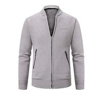 Mens Full Zip Cardigan Plain Fleece Lined Jumper Full Zip Front Stand Collar Classic Knitwear Jumper Knitted Open Edge Thicker Cardigan Fleece Lined Winter Coat Grey