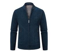 Mens Full Zip Cardigan Plain Fleece Lined Jumper Full Zip Front Stand Collar Classic Knitwear Jumper Knitted Open Edge Thicker Cardigan Fleece Lined Winter Coat Navy