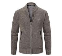 Mens Full Zip Cardigan Plain Fleece Lined Jumper Full Zip Front Stand Collar Classic Knitwear Jumper Knitted Open Edge Thicker Cardigan Fleece Lined Winter Coat Coffee