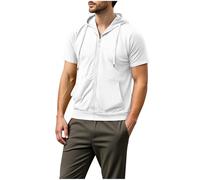 Mens Full-Zip Hoodies Short Sleeve Hooded Tshirts Athletic Pullover Sports Muscle Hoody Tops Drawstring Sweatshirt Plain Color Jumper Quick Dry Workout Activewear Training Bodybuilding Gym Hoodie