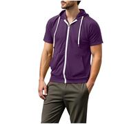 Mens Full-Zip Hoodies Short Sleeve Hooded Tshirts Athletic Pullover Sports Muscle Hoody Tops Drawstring Sweatshirt Plain Color Jumper Quick Dry Workout Activewear Training Bodybuilding Gym Hoodie