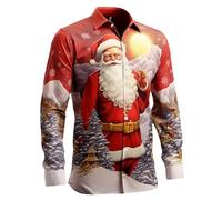 Men's Fun Christmas Santa Long Sleeve Button Down Casual Shirt, Xmas Funny Novelty T-Shirt Red