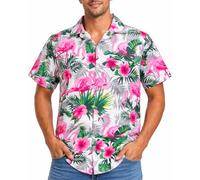 Mens Funky-Flamingo-Flowers Short-Sleeve Hawaiian-Shirt Novelty Summer-Vibes Aloha